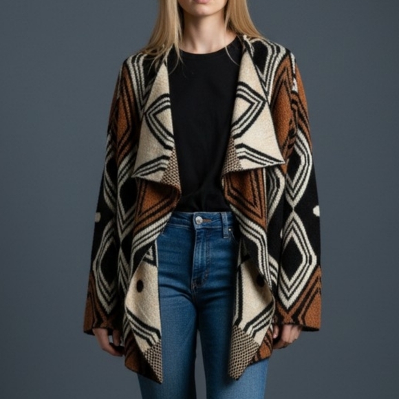 West 36Th Sweaters - WEST 36TH Geometric Art Deco Draped Grandpa Cardigan Sweater Medium Large